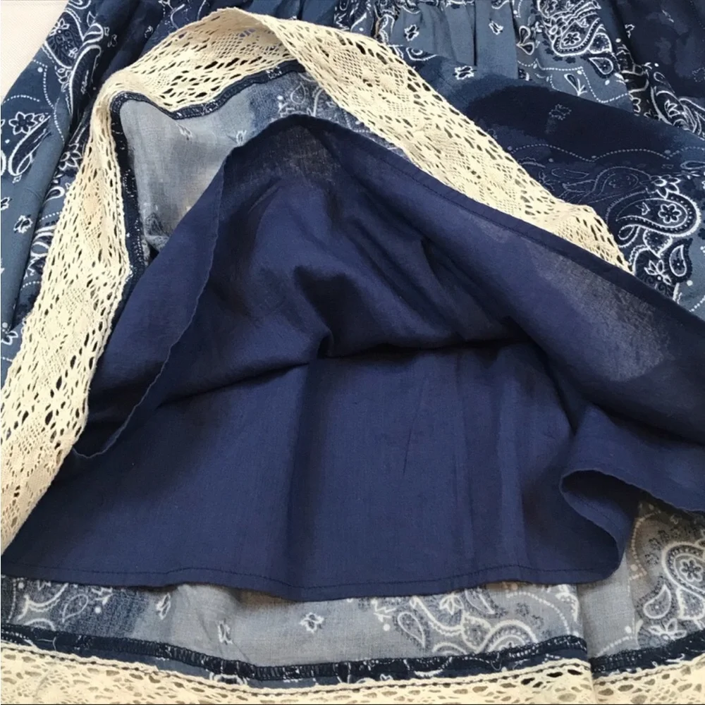 True Craft navy paisley print with cream woven lace trim skirt